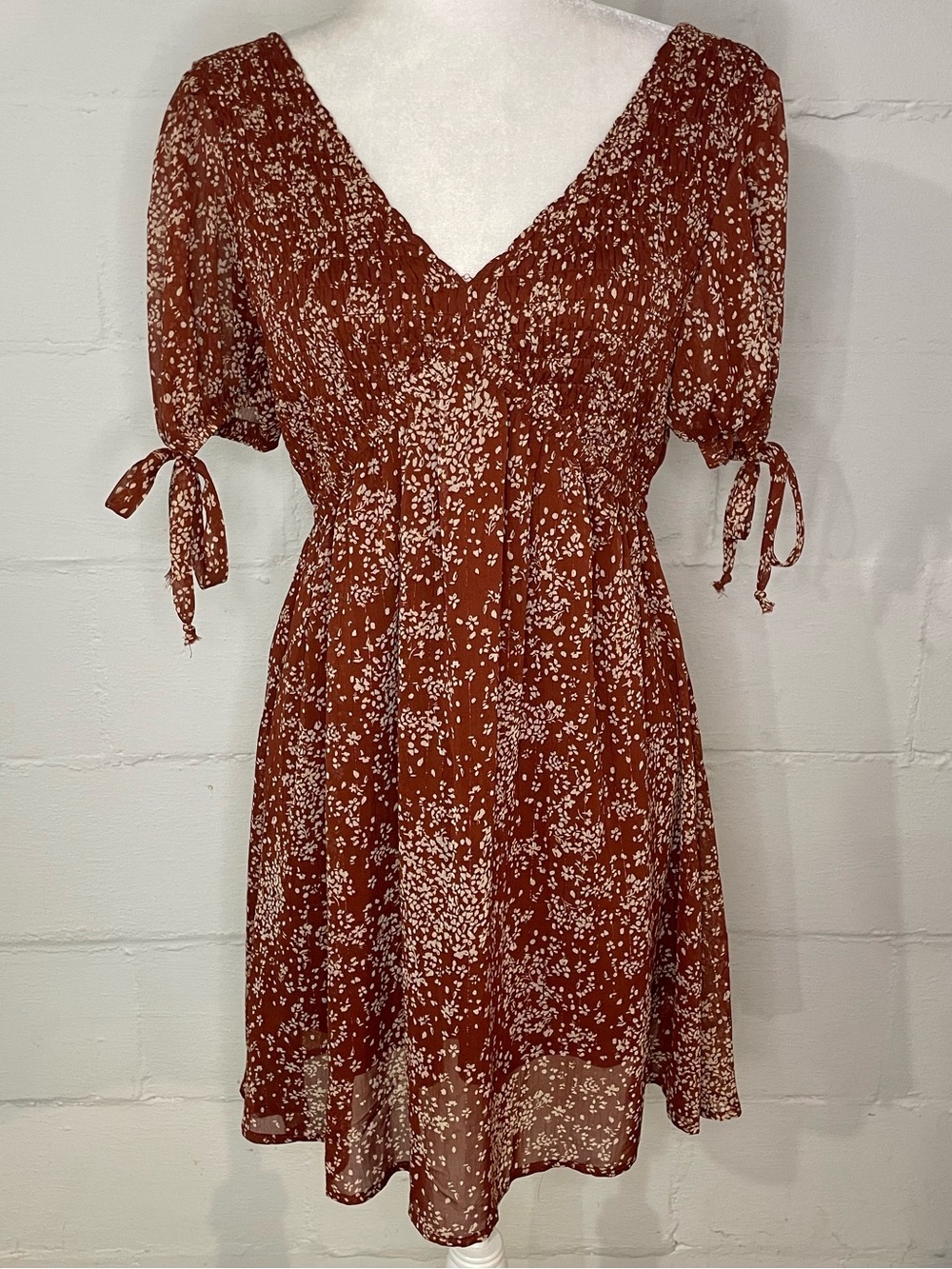 Sienna Sky Rust and White Floral V-Neck Mini Dress